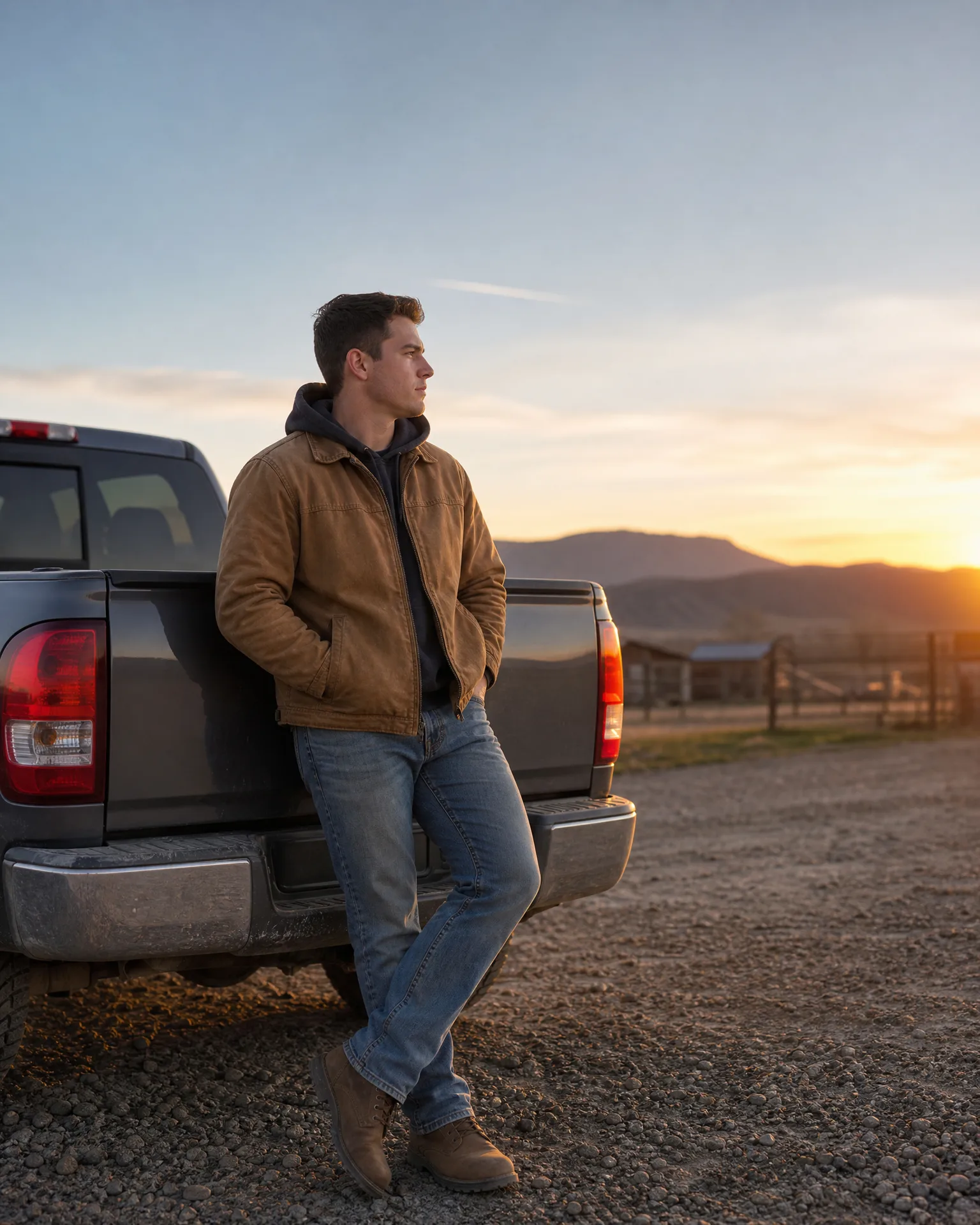 A man in a tan jacket and jeans leans against the rear bumper of a dark pickup truck on gravel, looking toward distant hills at sunset.