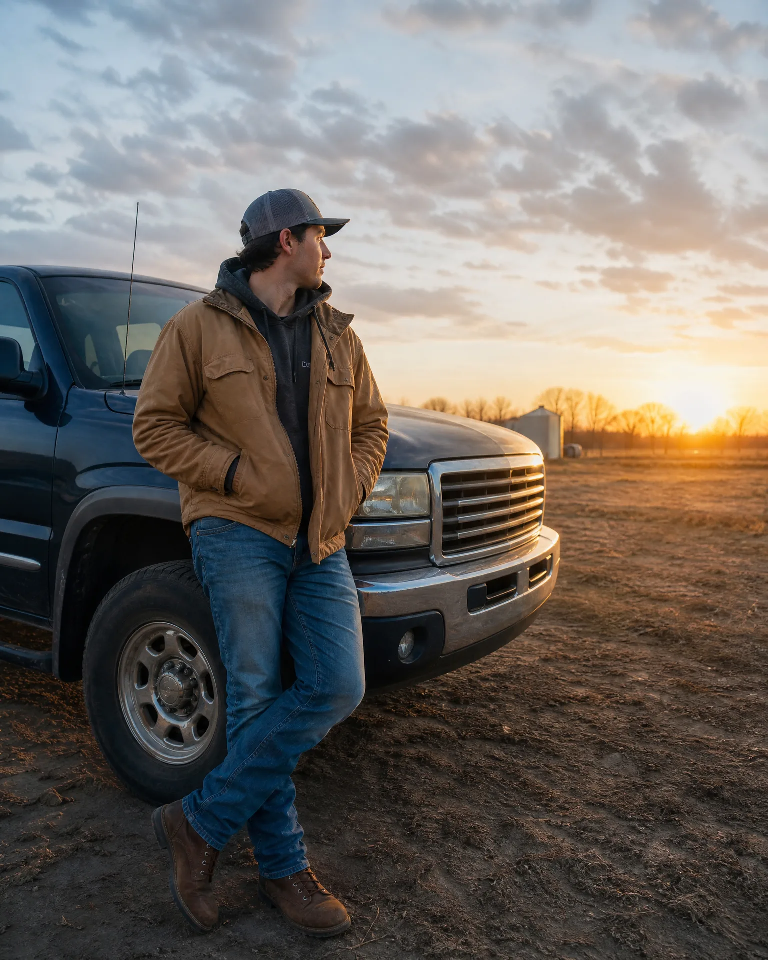 A man in a cap, tan jacket, jeans and brown boots leans against the front of a dark pickup truck in a bare dirt field at sunset.