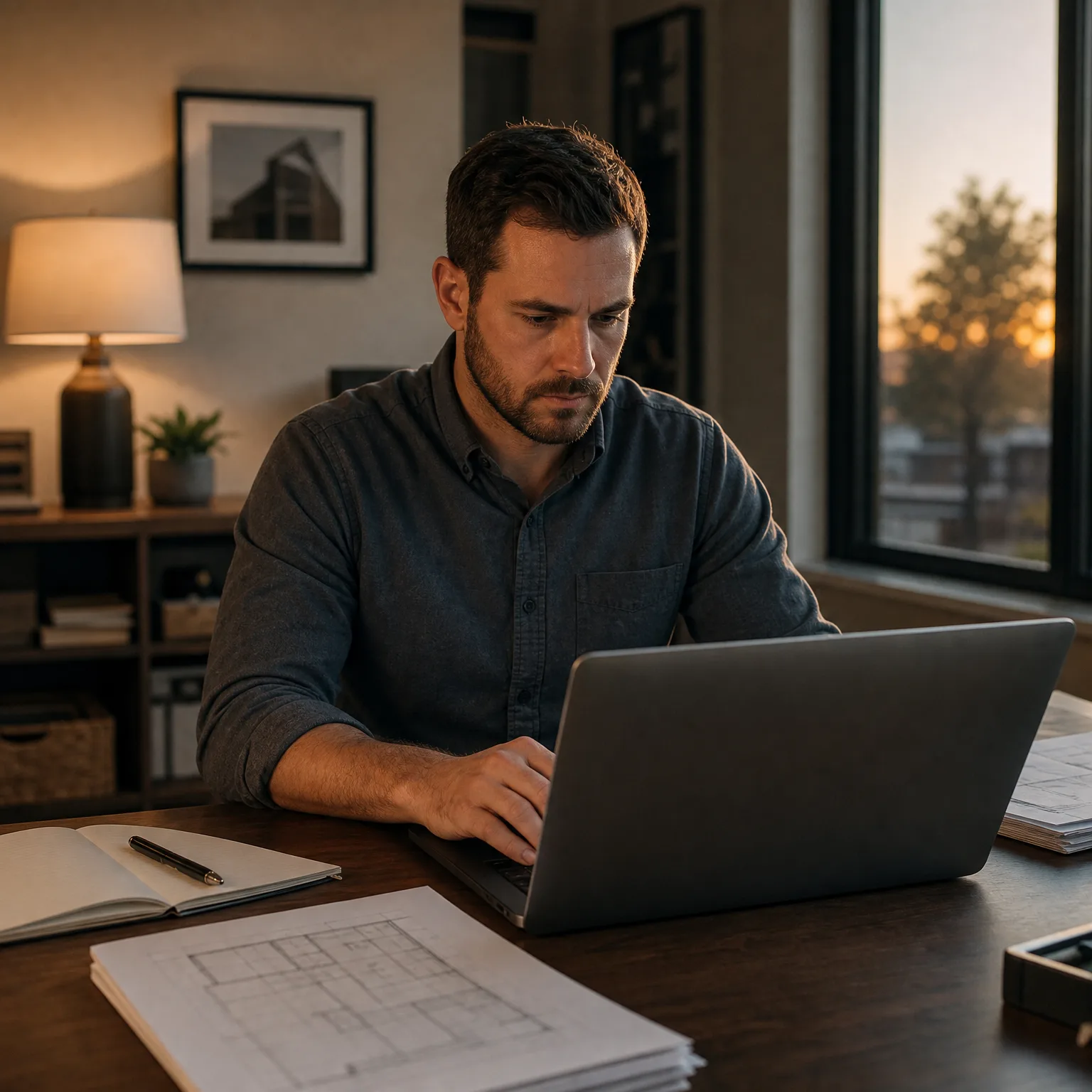 A man in a dark button-up shirt works on a laptop at a wooden desk with an open notebook, pen, and rolled-out floor plan drawings, with a lit lamp, framed picture, and a window showing sunset behind him.