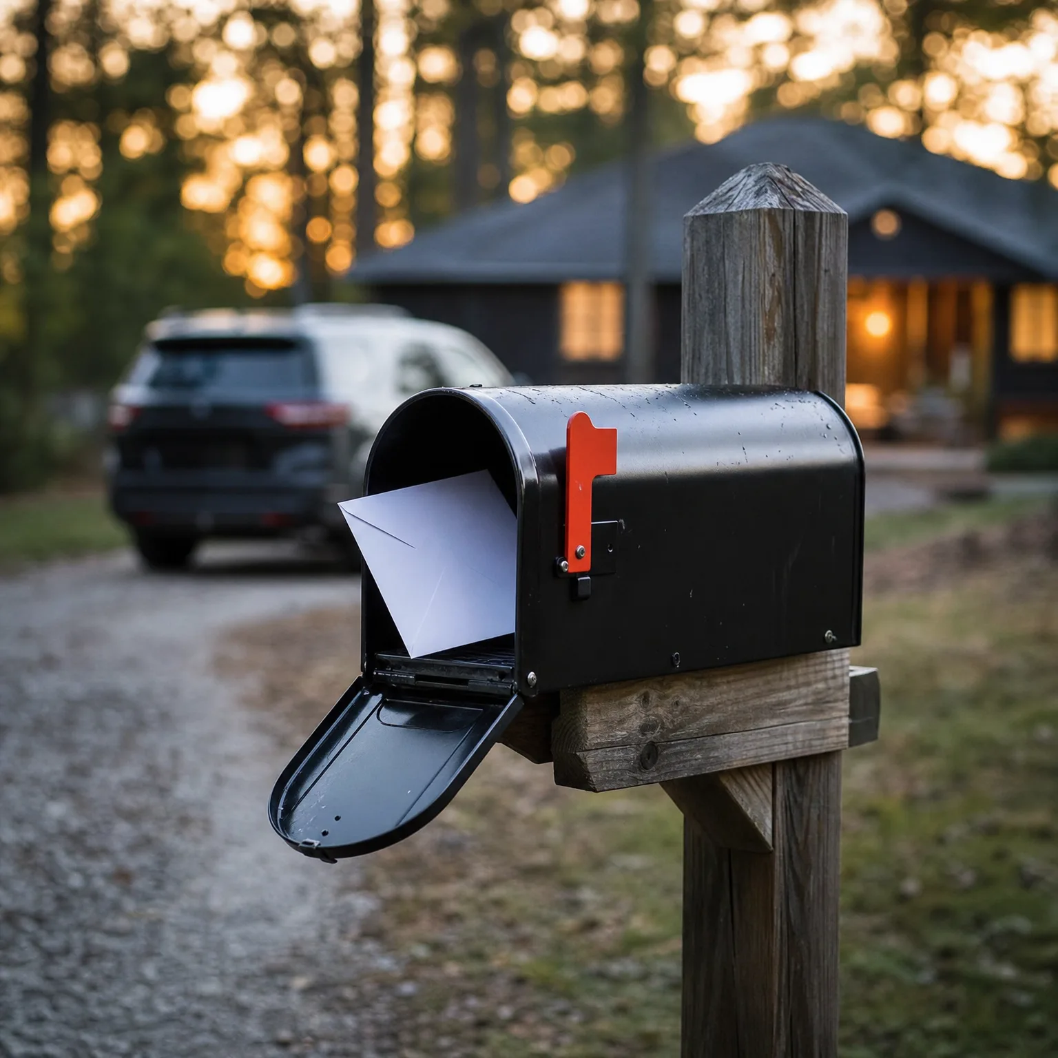 An open black mailbox with a raised red flag on a weathered wooden post, holding a white envelope, with a blurred SUV, gravel driveway and house with lit windows behind it at dusk.