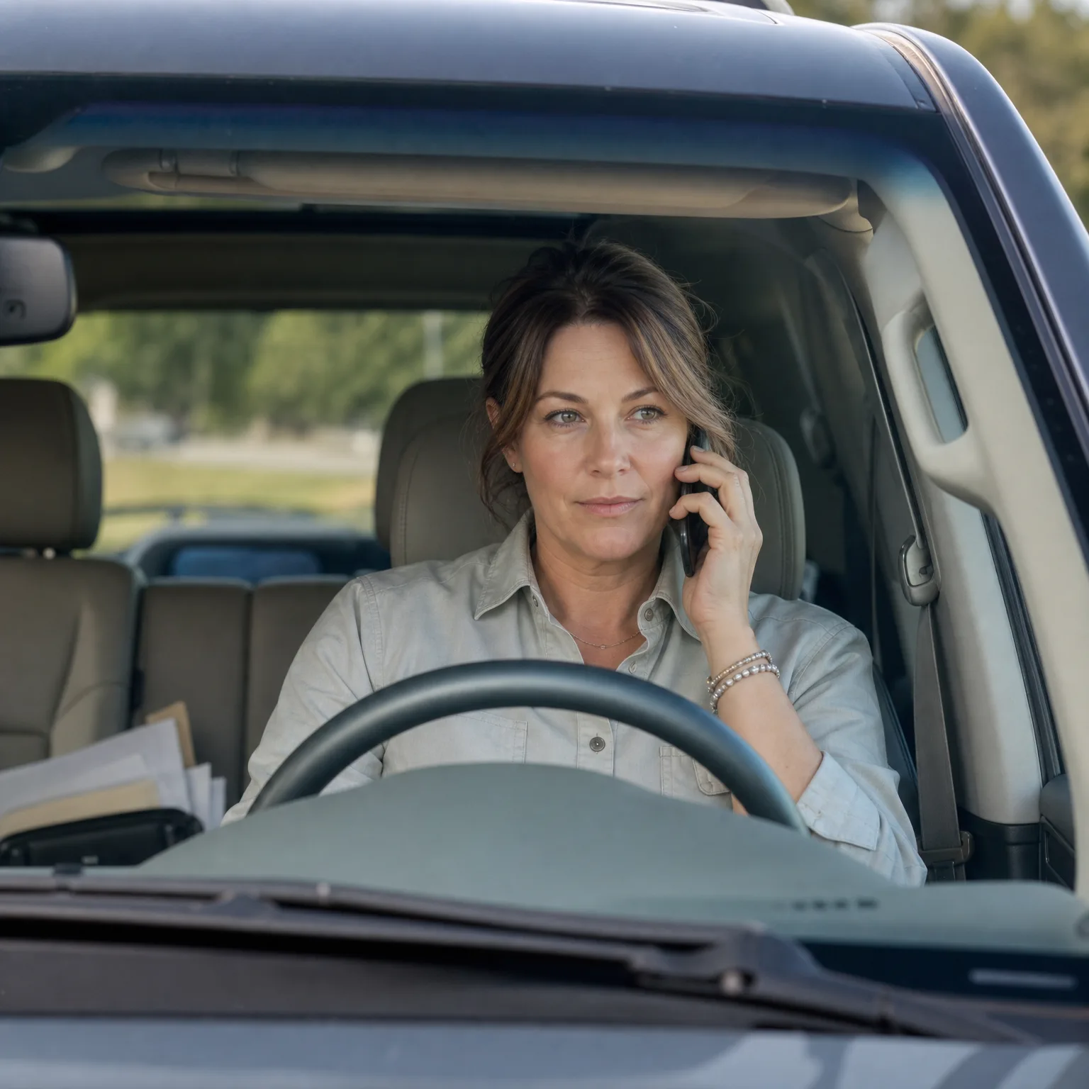 A woman in a light button-up shirt sits in the driver's seat of a vehicle holding a phone to her ear, viewed through the windshield, with green trees blurred in the background.