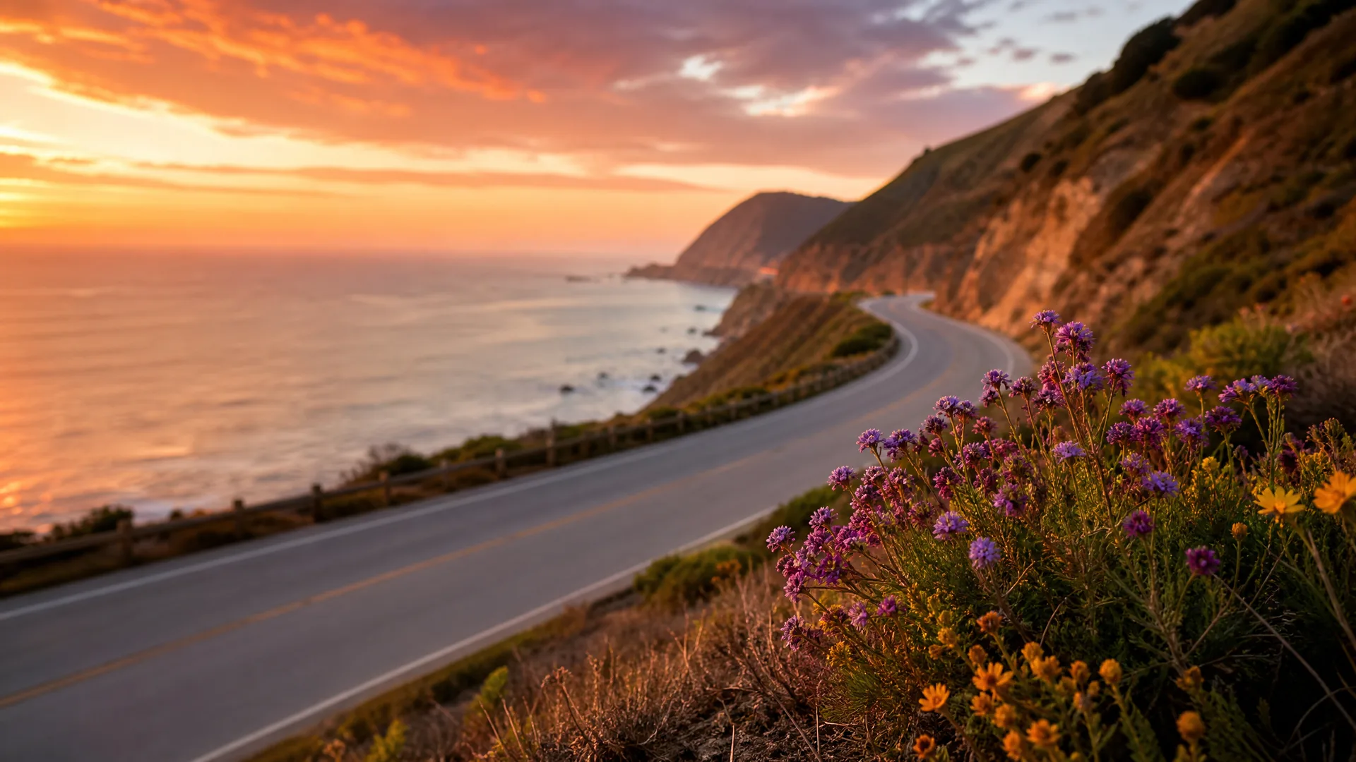 A two-lane coastal road curves along a steep hillside above the ocean at sunset, with purple and yellow wildflowers in the foreground and orange clouds overhead.