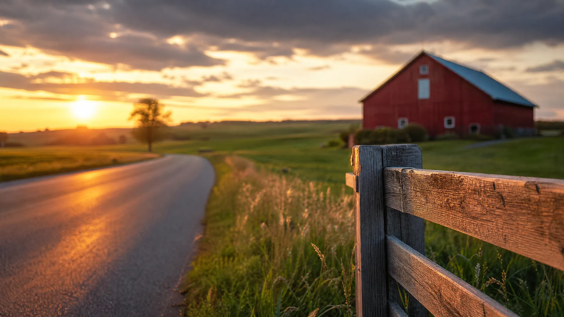 A weathered wooden fence in the right foreground beside a paved road curving through grassy fields, with a red barn with a metal roof and a low sun near the horizon under scattered clouds.