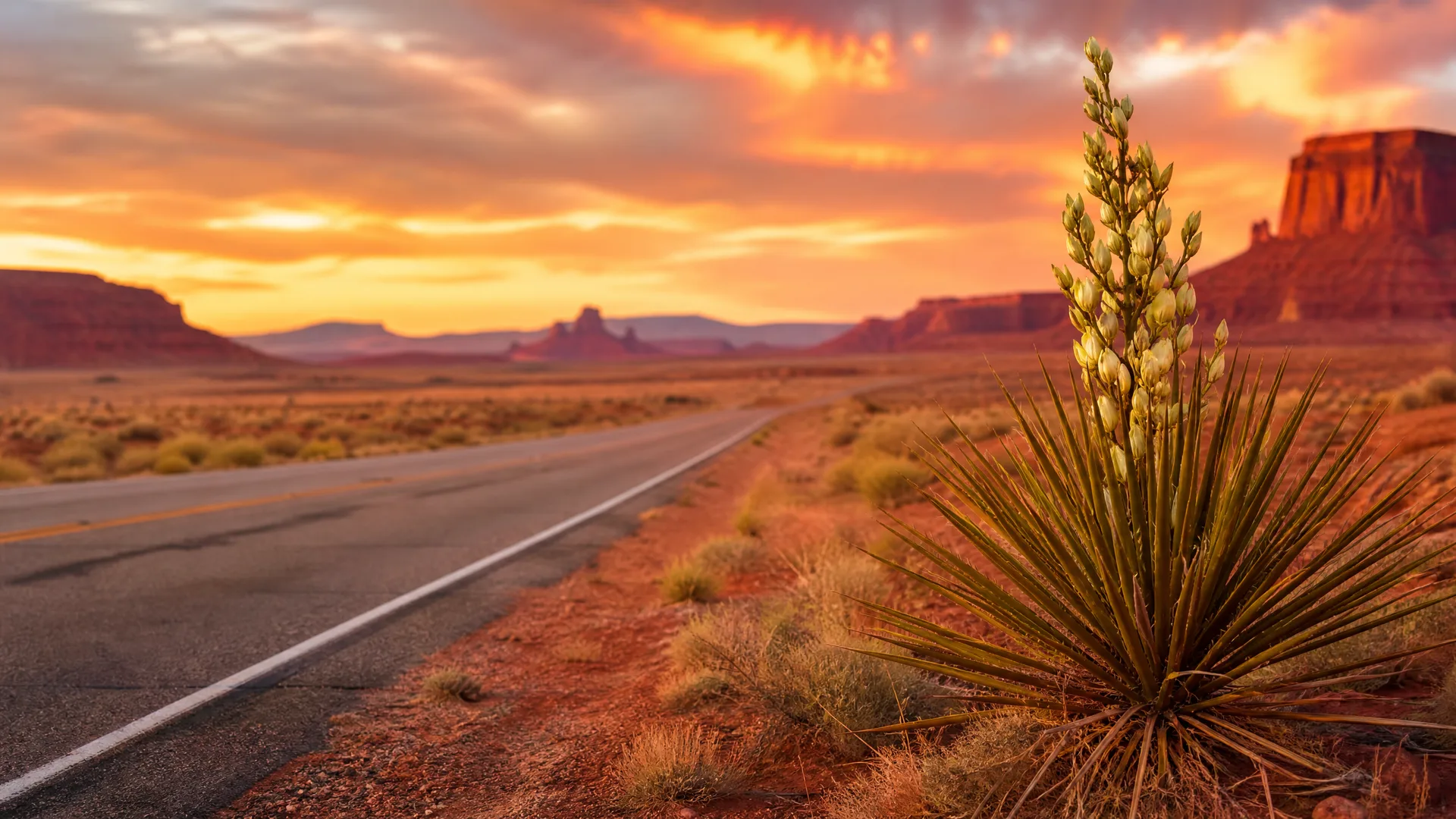 A two-lane road curves through red desert scrubland toward distant mesas and buttes under an orange sunset sky, with a flowering yucca in the right foreground.